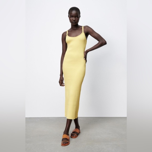 Zara butter yellow knitwear bodycon spaghetti strap midi dress. Backless. Medium - Picture 4 of 7